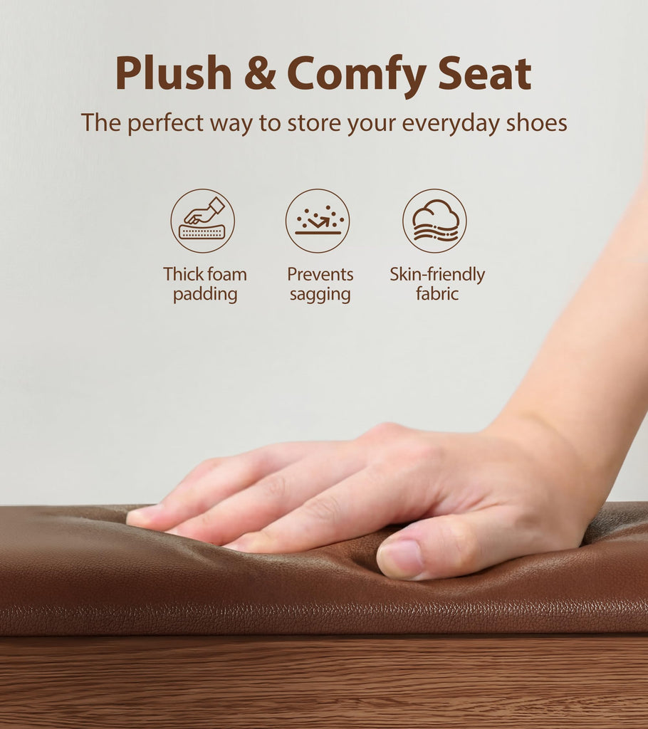 Rubberwood Shoe Bench with Leather Cushion and Slanted Shelves
