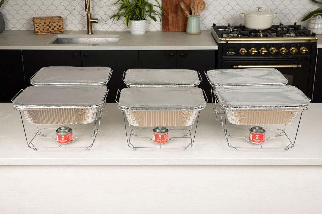 6 Pack - Disposable Chafing Dish Buffet Set, Half Size Pans, Welded Body Food Warmers for Parties, Fuel Cans Complete