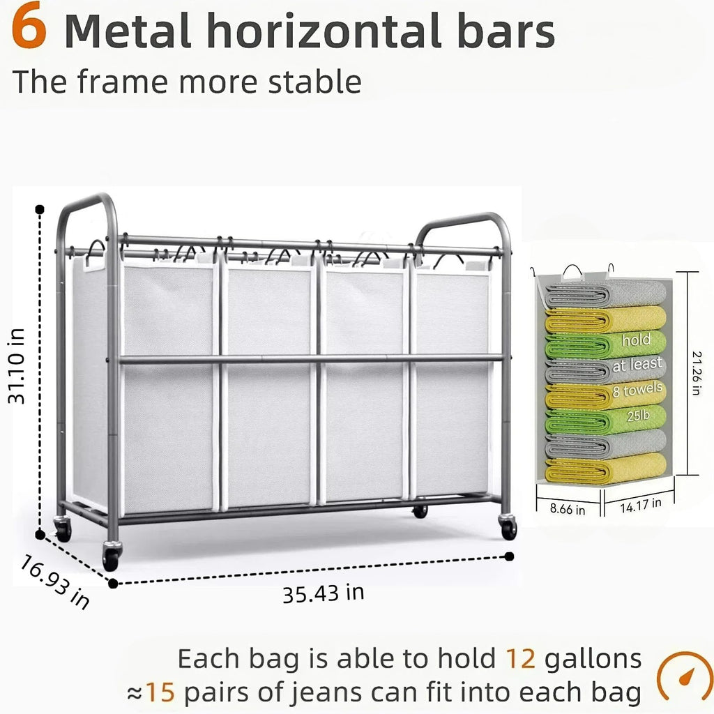 Laundry Hamper Sorter Cart, 4-Section Organizer with Lockable Wheels