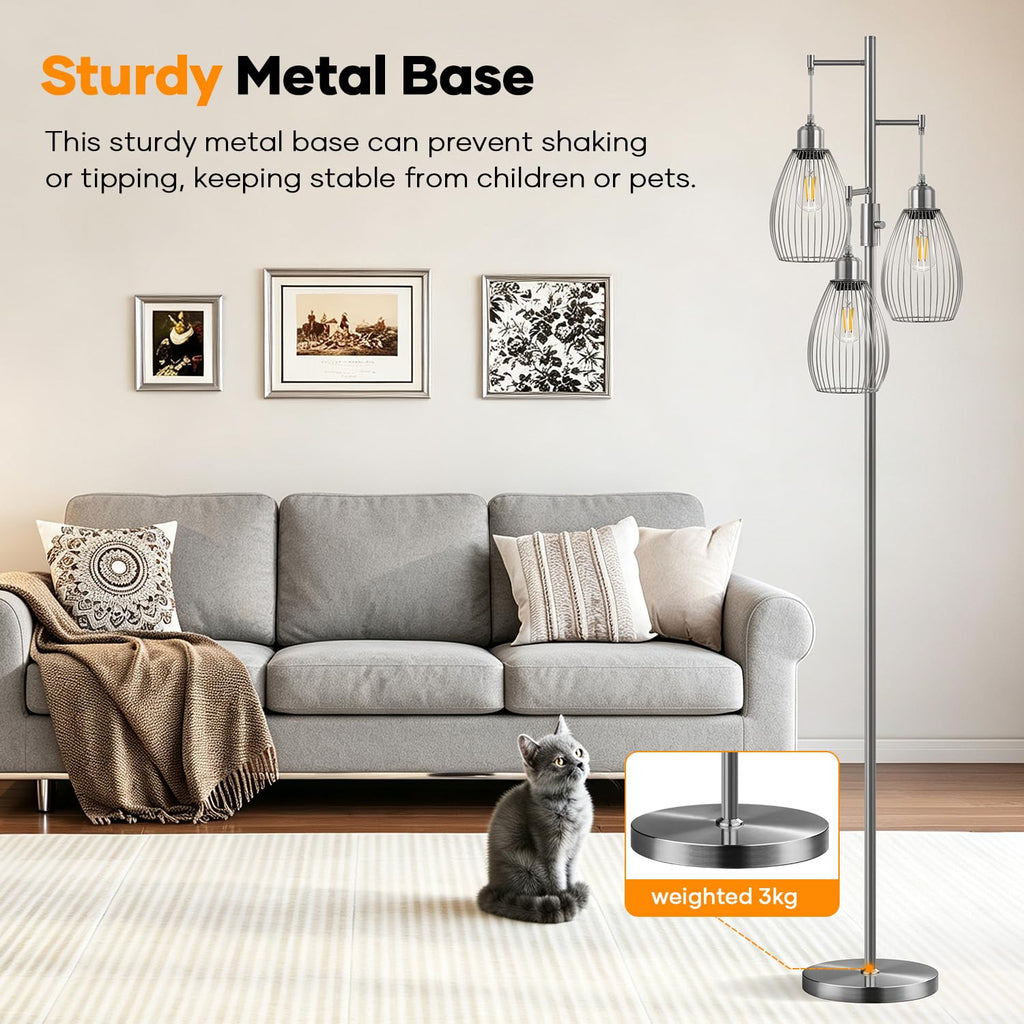 Dimmable Floor Lamp, 3 x 800LM LED Edison Bulbs Included, Industrial Floor Lamp Standing Tree Lamp with Elegant