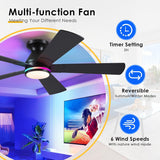 52In Black RGB Ceiling Fans with Lights - Flush Mount Low Profile Ceiling Fan Light with Remote/APP, RGB+3CCT 6 Wind Speeds and Reversible, Modern Fan Light Fixture for Party, Kid's Room A101-B0DTG9HHZY