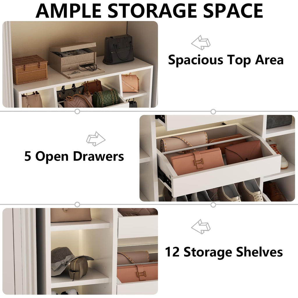 Shoe Storage Cabinet with 5 Storage Drawers, 12 Open Shelves and LED Light