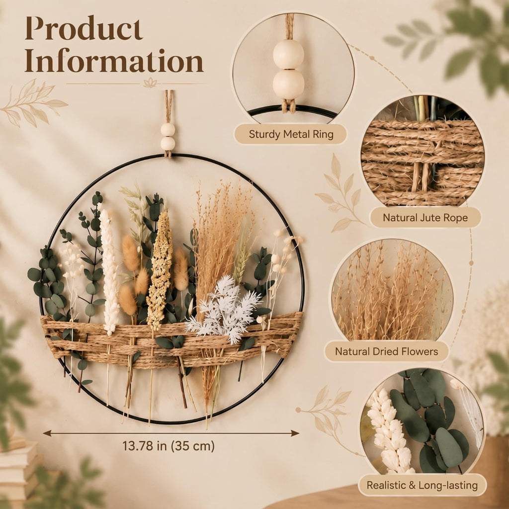 Dried Flower Pampas Wall Decor Boho Hoop Wreath, Classic