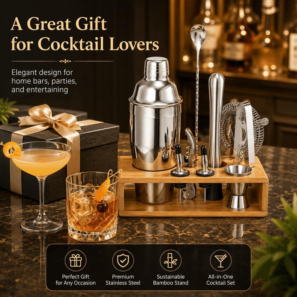 Cocktail Shaker Set, 18/8 Food-Grade Stainless Steel Mixology Bartender Kit 10-Piece Bar Tools with Stylish Bamboo