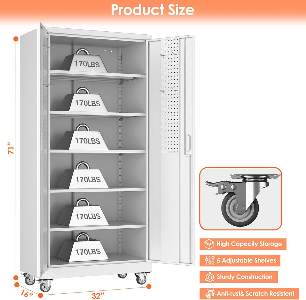71" White Metal Storage Cabinet with Wheels and Pegboard | 16"D x 32"W x 71"H steel cabinet; lockable doors, 5