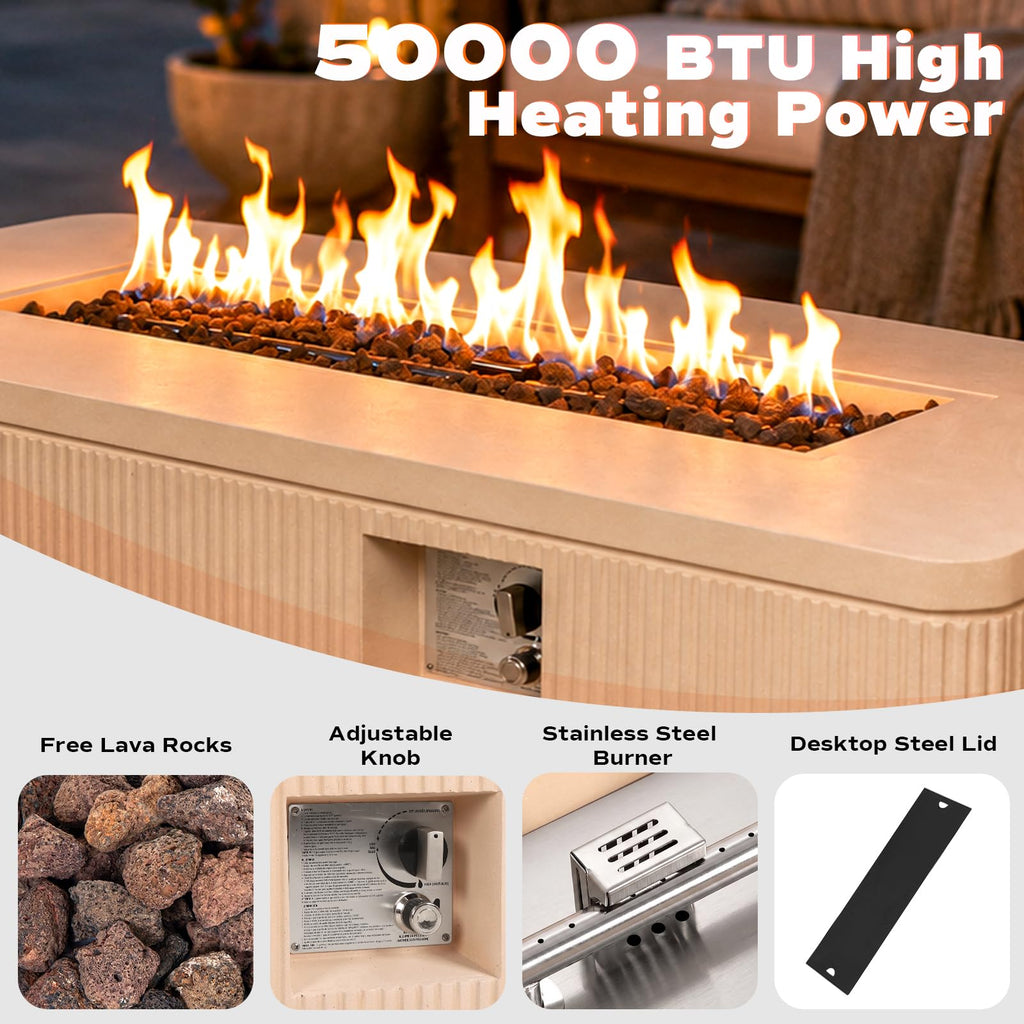 56" Propane Fire Pit Table - Outdoor Natural Gas Fire Pit for Outside Patio, Concrete Rectangle Firepit with