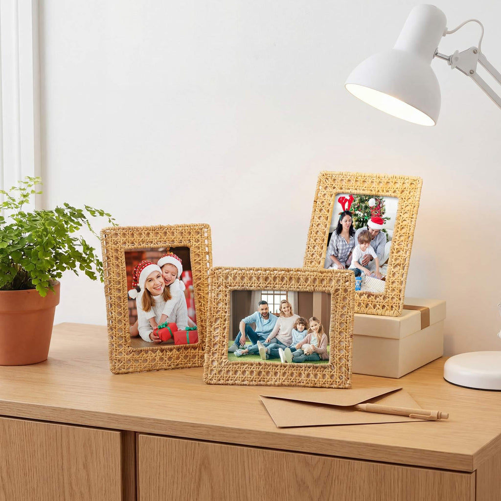 3pcs Boho Woven Rattan Picture Frame Set Rustic Wicker Photo Frames with Stand for Tabletop & Wall Display, Farmhouse
