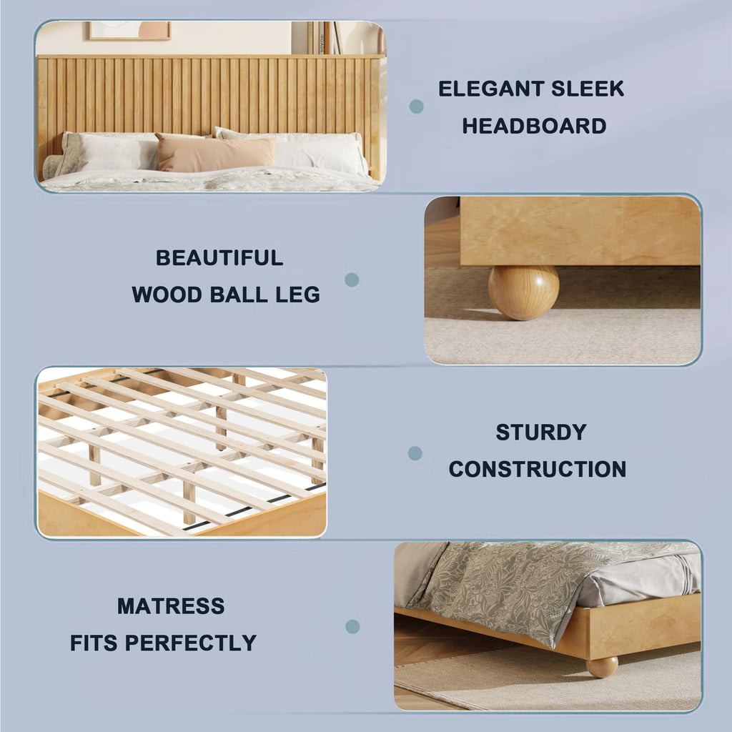 Queen Size Bed Frame with Reeded Headboard, Natural Wood Platform Bed Frame with Sturdy Wooden Support Slats, No Box
