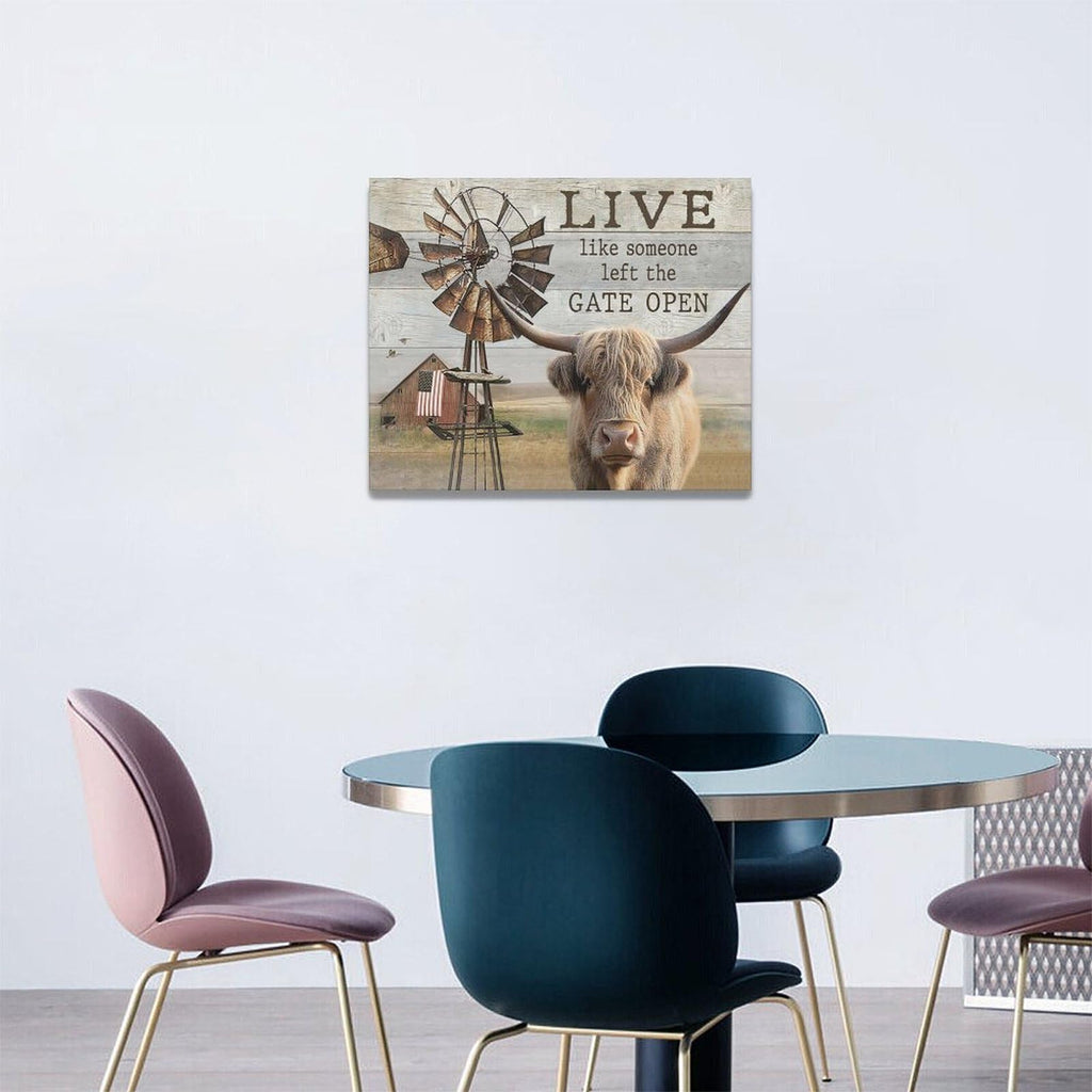 Highland Cow Canvas Prints - Wall Decor Farmhouse Rustic Windmill Painting Modern Artwork Bathroom Living Room 20"x16"