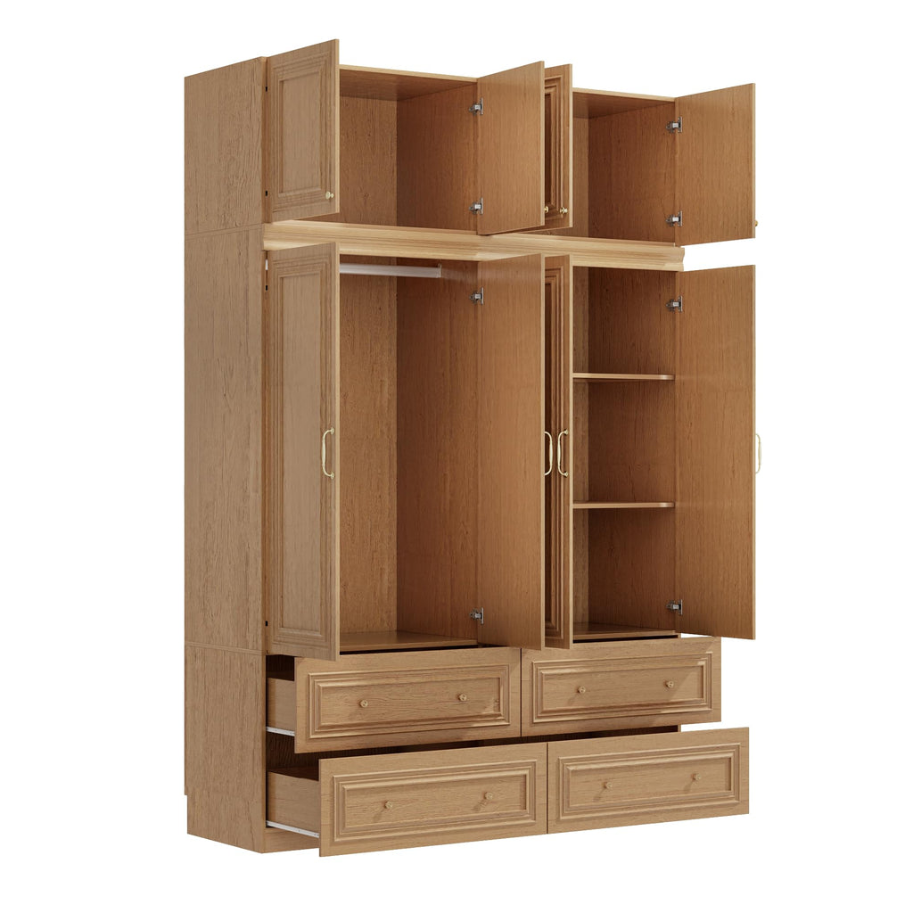 Rustic Wardrobe Closet with 4 Door, Big Armoire Wardrobe Closet with Hanging Rod/4 Drawer, Tall/Heavy Closet