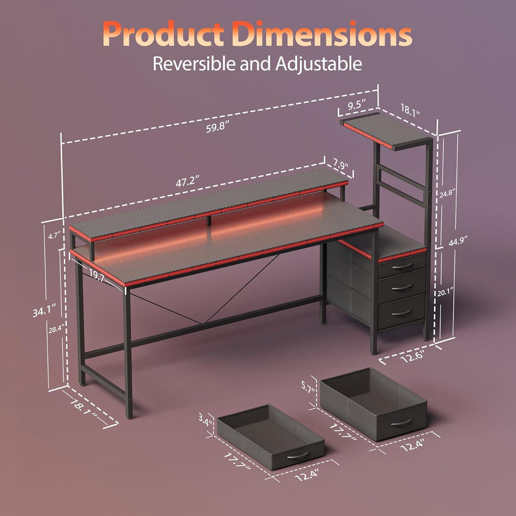60 inch Gaming Desk with Drawers, Reversible Computer Desk, Black | Gamer Desk with LED Lights, Power Outlets &