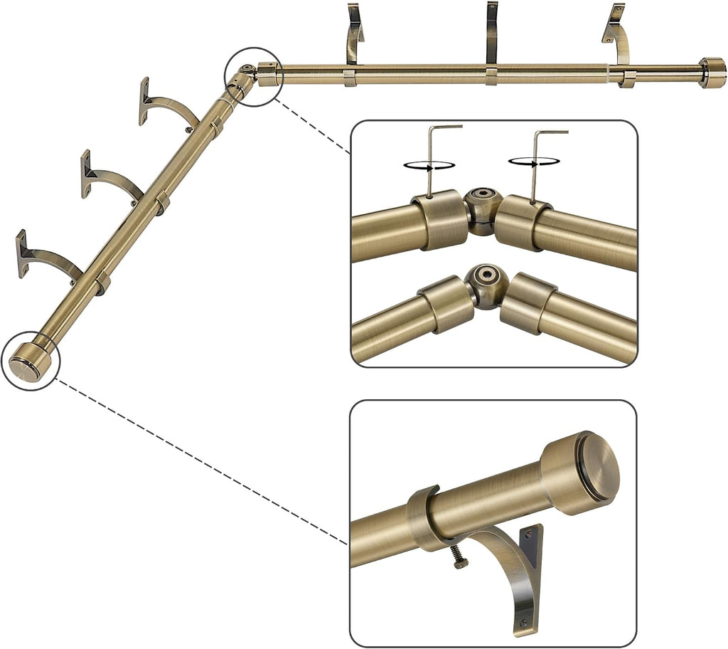 Antique Bronze Corner Window Curtain Rods with Aluminum End Cap Finials and Brackets,1 Inch Diameter Bay Window