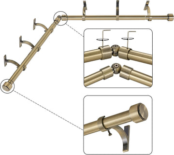 Antique Bronze Corner Window Curtain Rods with Aluminum End Cap Finials and Brackets,1 Inch Diameter Bay Window