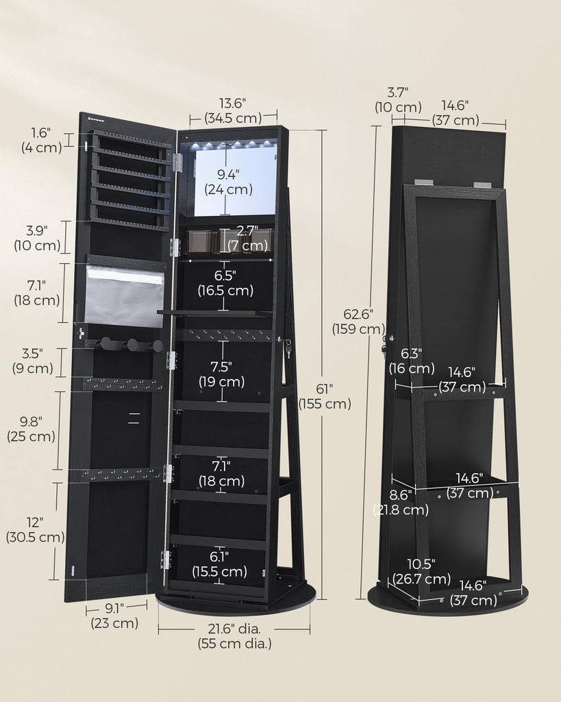 LED Mirror Jewelry Cabinet Standing, Adjustable Lights, Lockable