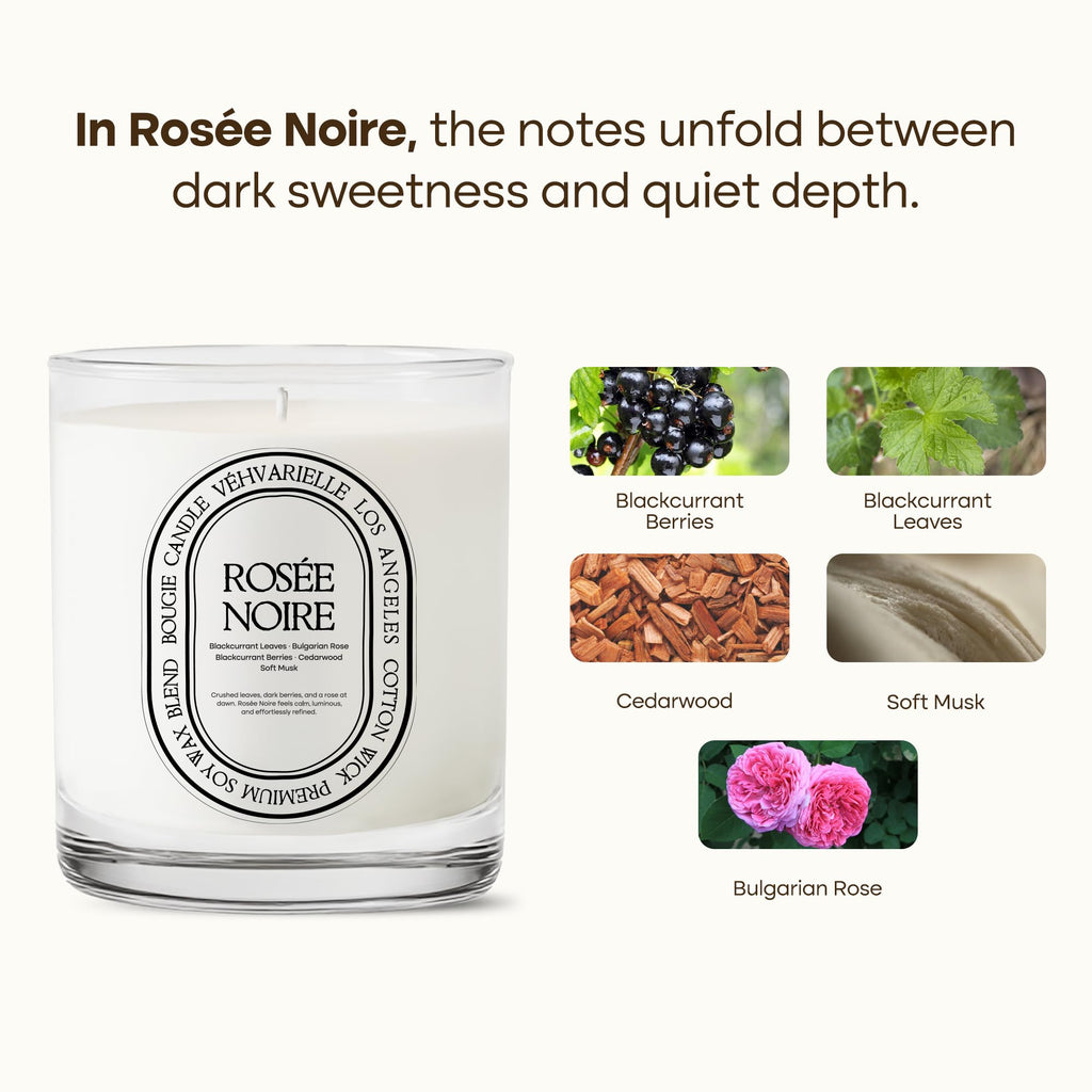 Rosée Noire Dark Rose & Blackcurrant Candle 8oz | Luxury Rose Scented Soy Jar Candle | Cedarwood & Musk | 40hr Clean