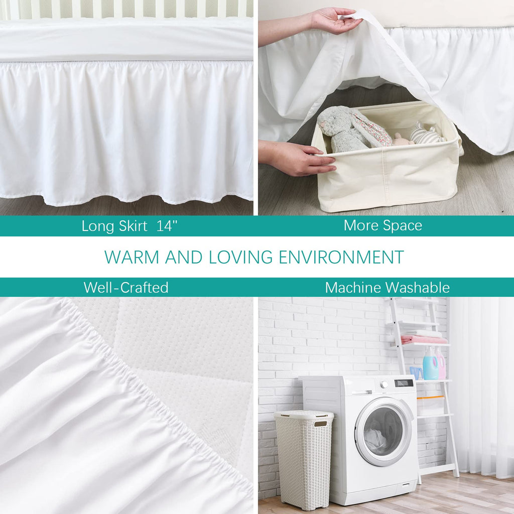 Crib Bed Skirt 14" Drop, Fits 28"x52" Crib, Adjustable, White