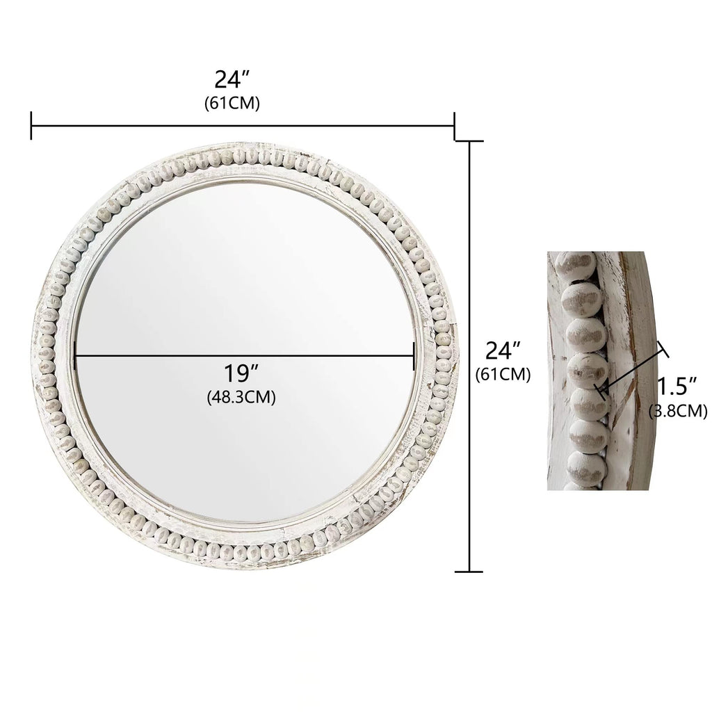 Rustic Round Wall 24 Inch Wood Circle Mirror with Beads, Decorative Farmhouse Mirror (White)