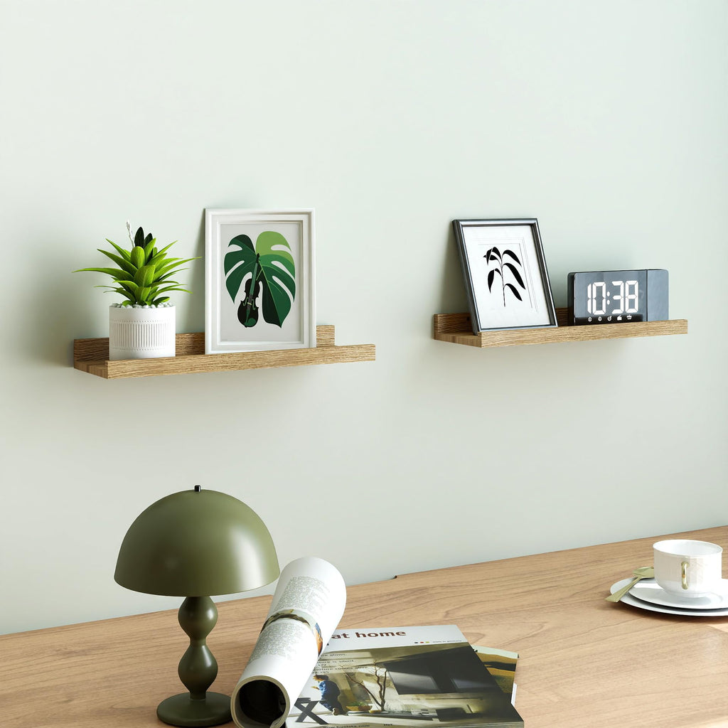 Oak Floating Shelves for Wall Decor, 14 in Shelf with Lip Set of 2