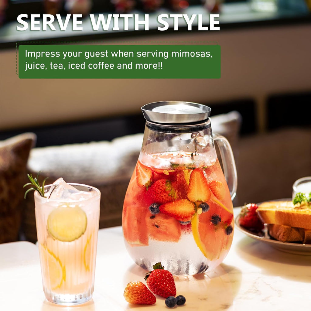 2 Liter Glass Pitcher, Water Pitcher with Removable Lid And Wide Handle, Easy Clean Juice Jug for Fridge, Beverage