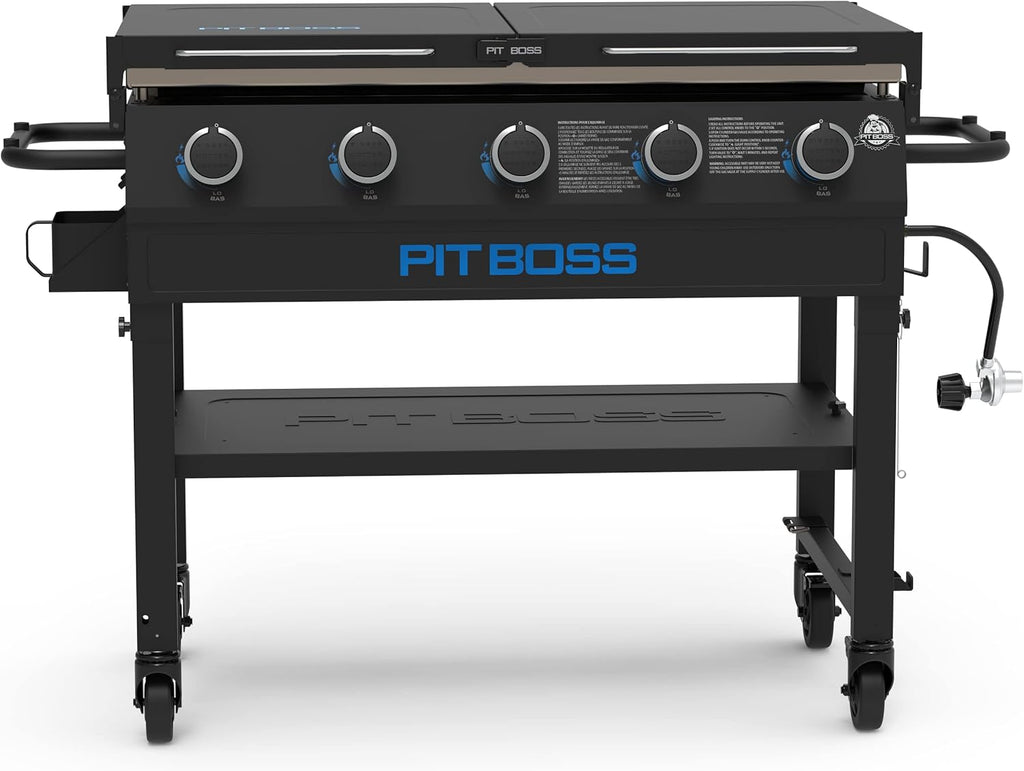 5-Burner Propane Gas Griddle with Folding Side Shelves, Black Outdoor Flat Top BBQ Grill