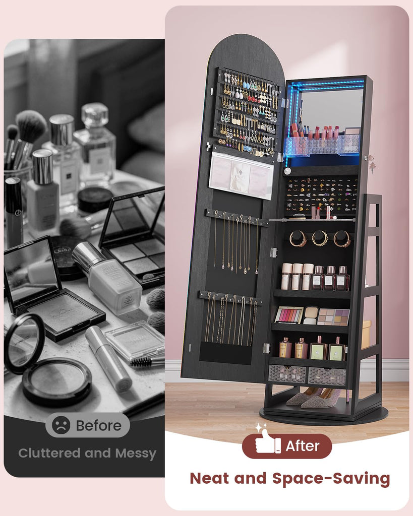 Mirror Jewelry Cabinet Standing with RGB Lights & Storage Shelves