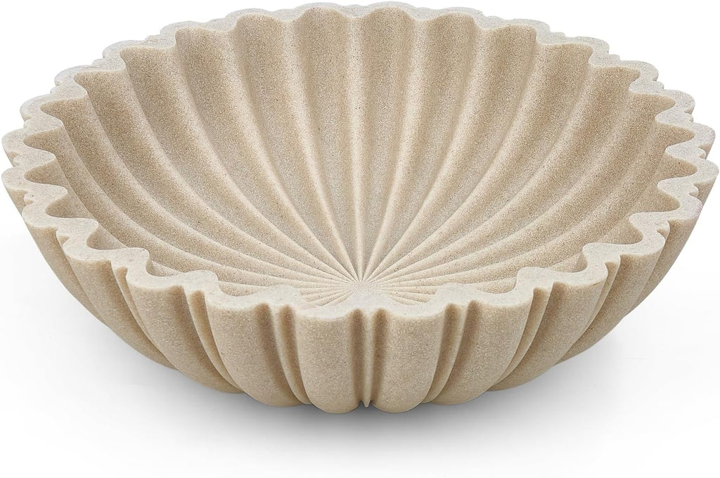 Decorative Bowl Decor, 10.6" Large Modern Beige Scalloped Fruit Bowl for Coffee Table, Entryway Table, Kitchen