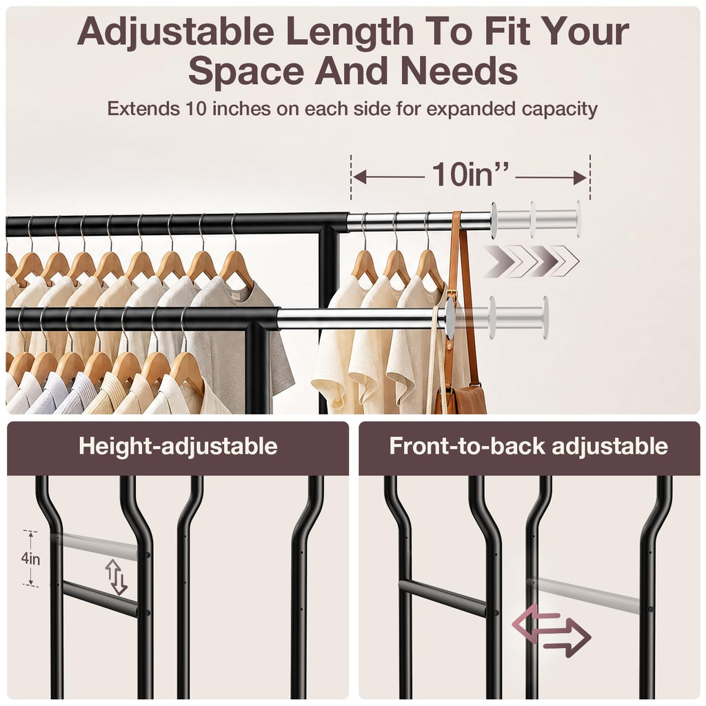 Heavy Duty Clothes Rack Load 960LBS, Adjustable Three Rods Rolling Garment Rack with Double-Layer Bottom Shelf