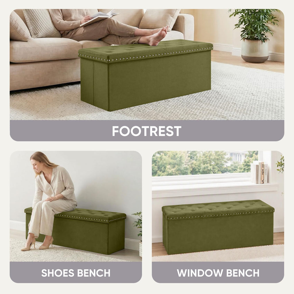 43.7 Inches Velvet Storage Ottoman Bench, Olive