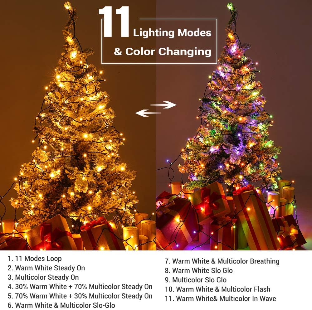 Christmas Tree Lights, 200 LED 65.67ft Color Changing Christmas Lights with Remote, 11 Modes Warm White & Multicolor
