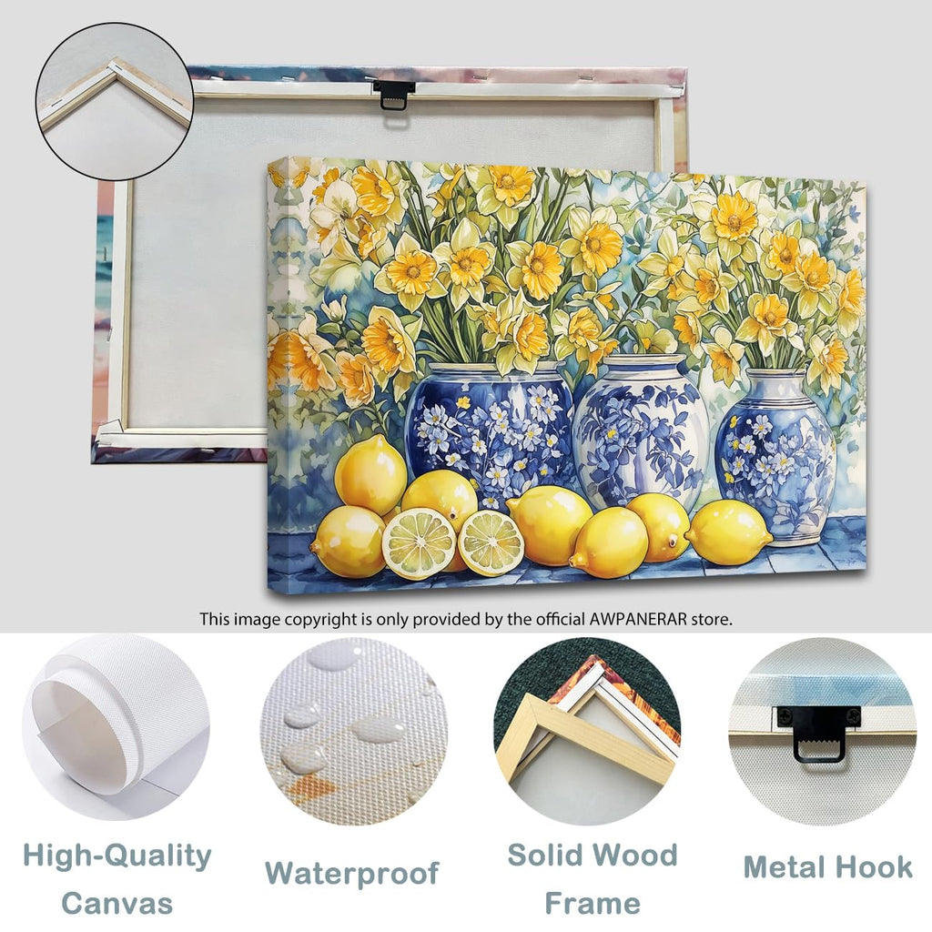 Lemon Wall Art Kitchen Pictures Yellow Lemon and Blue Pottery on Table Painting Vintage Citrus Fruit Canvas Print