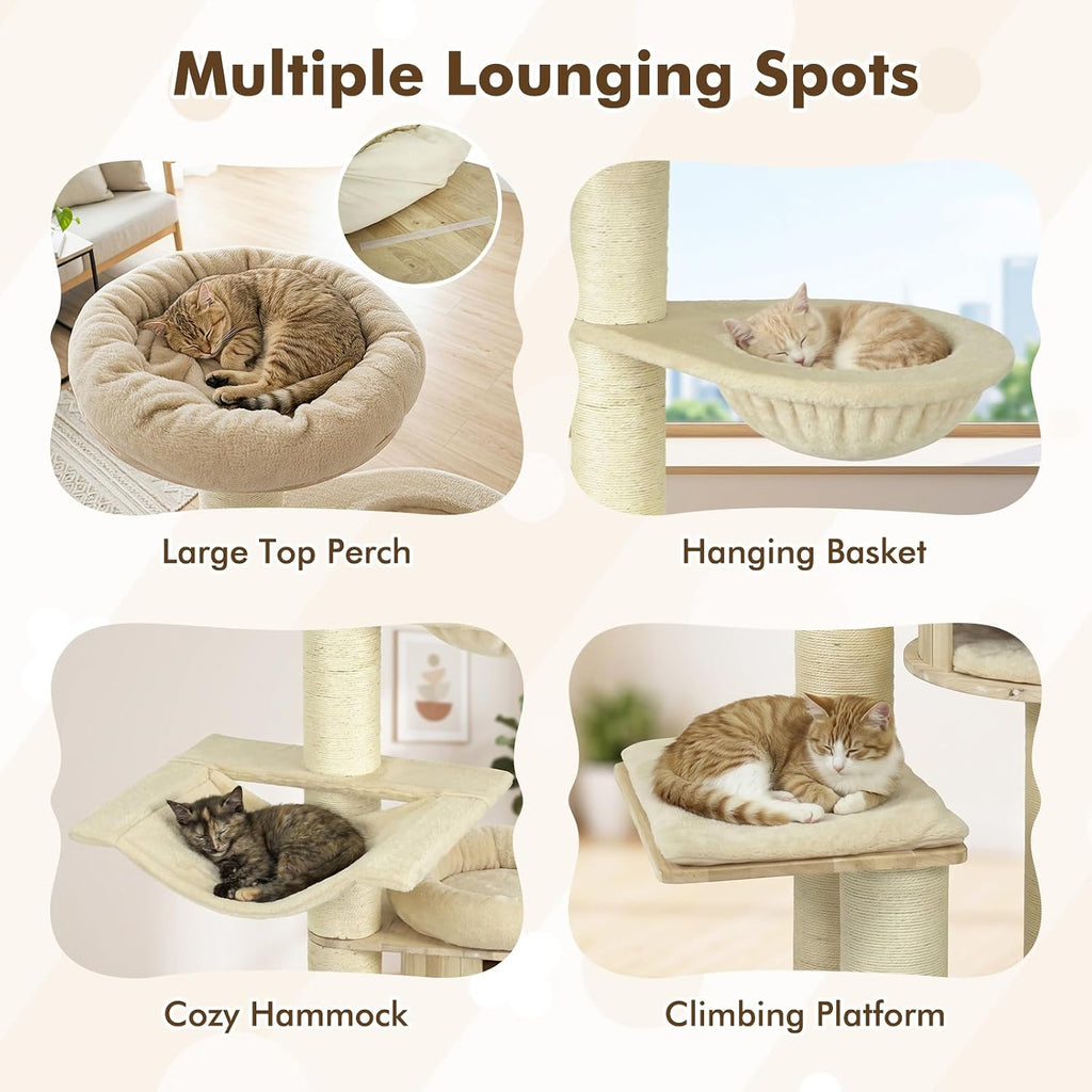 75.5-inch Tall Wooden Cat Tree, Multi-Level Modern Cat Tower, Beige