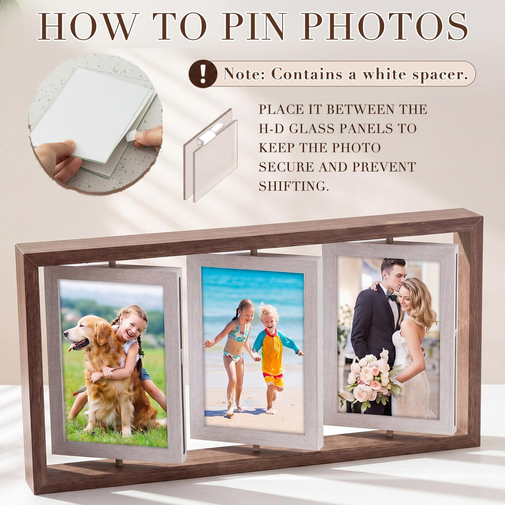 2 Pack 4x6 Rotating Picture Frame, Double-sided Display 6 Photos Rustic Wood Hinged Folding Triple Collage Photo