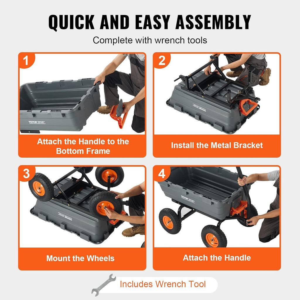 Heavy Duty 1200lbs 7 Cu.Ft Wheelbarrow Garden Dump Cart Wagon | For ATV Mower Tractor, 2-in-1 Convertible Handle to