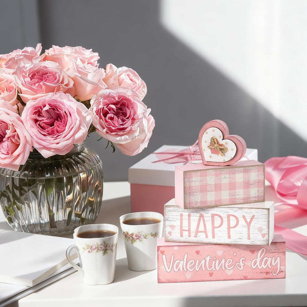 Tiered Tray Decor Set, , Wooden Table Sign, Pink Valentine - Set of 4
