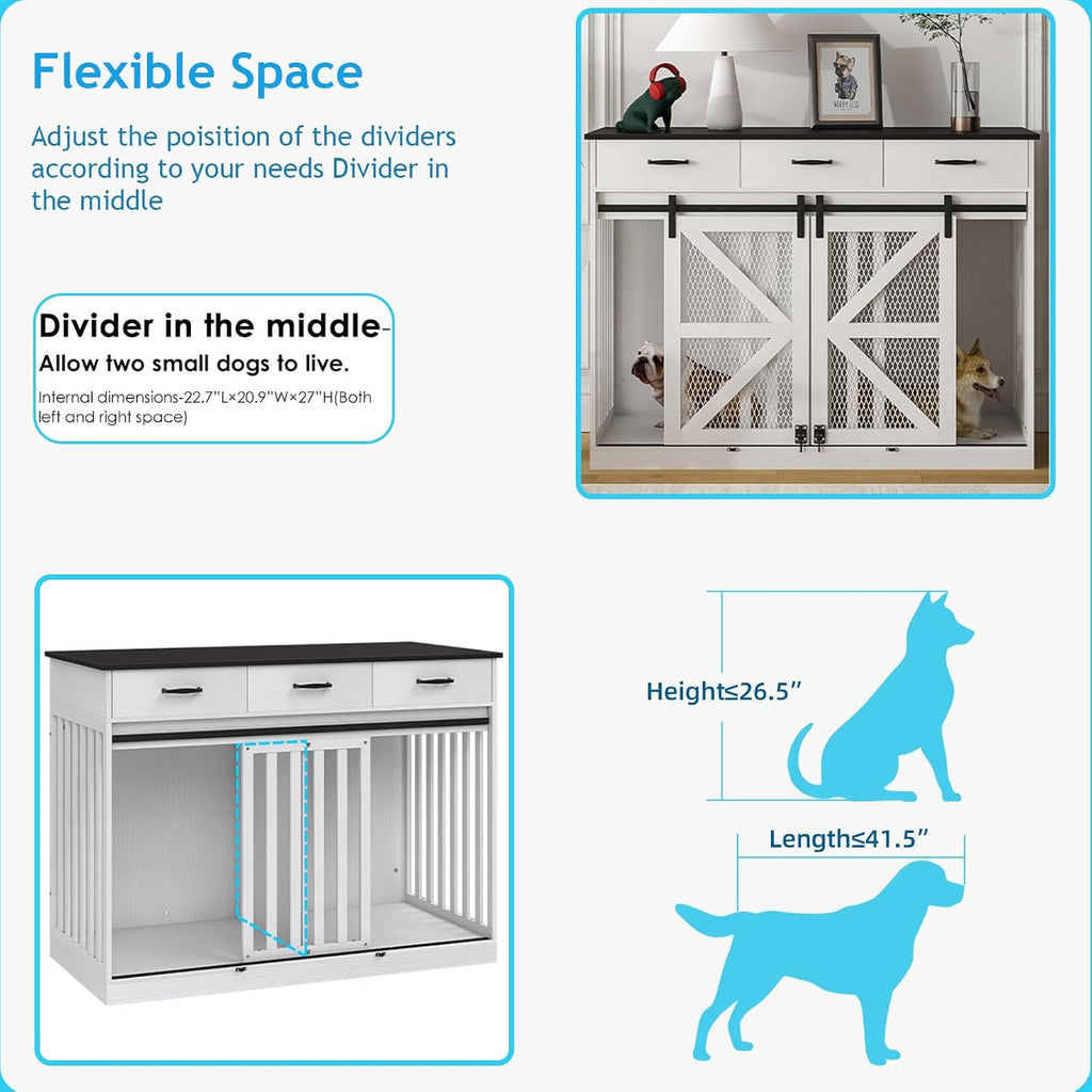 Dog Crate Furniture with Sliding Barn Door & 3 Storage Drawers