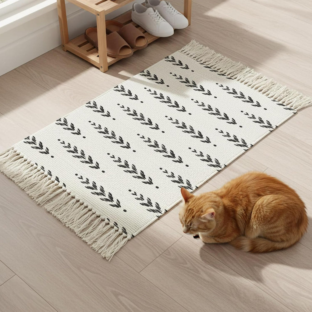 Modern Scandi Botanical Leaves Kitchen Runner Rug Boho Tassel Rugs Floor Carpet, Minimalist Black Leaf on White