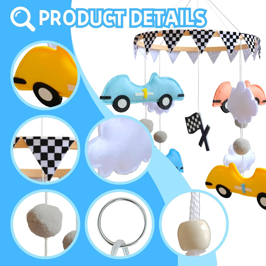 Felt Race Car Baby Crib Mobile, Wooden Hanging Nursery Decor for Baby Boys