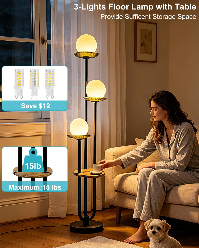 3-Globe Black Floor Lamp Dimmable with Green Glass Tray Tall Lamp