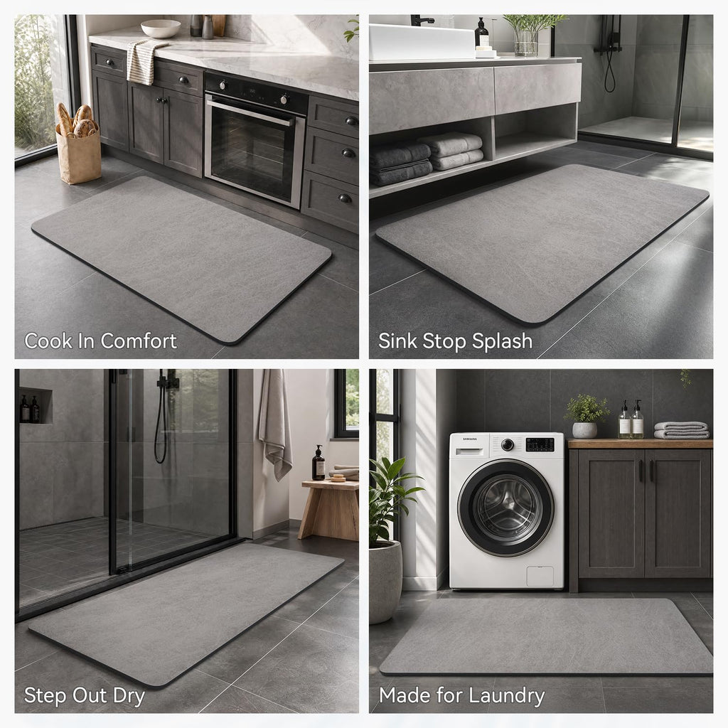 Bath Mat-Rubber Backing Non SlipTh Rugs Fit Under Door- Quick Dry Absorbent Faux Suede Surface Grey Bathroom Floor