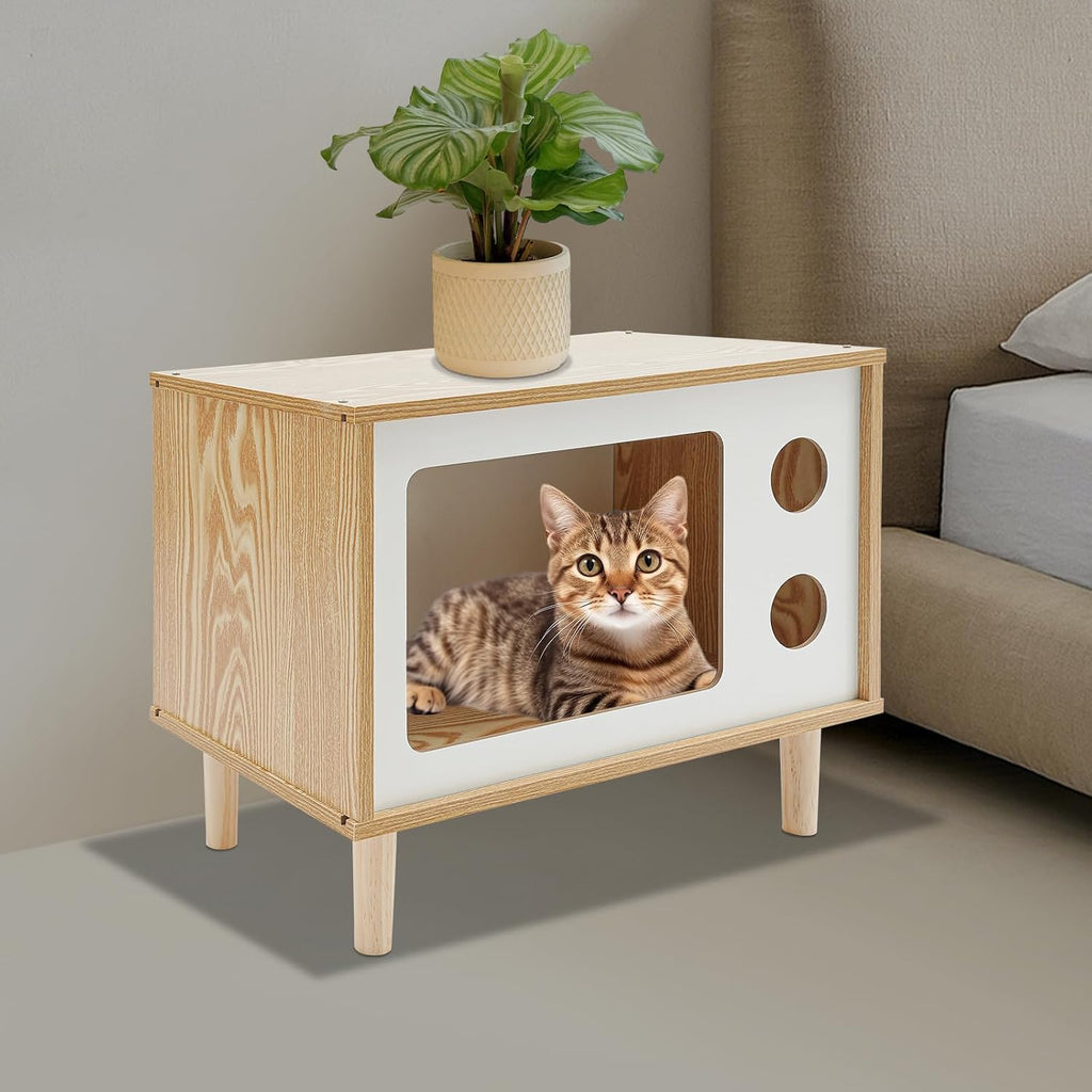 TV-Shaped Cat Bed Indoor, Large Luxury Cat Shelter Wooden Condo for Indoor Cats (Wooden, White, Small)