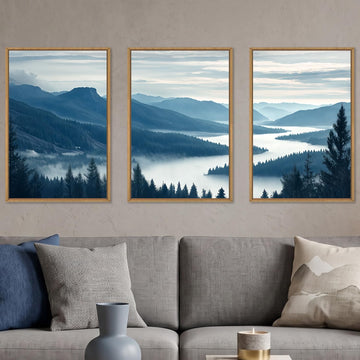 Large Pine Tree Mountain River Framed Canvas Wall Art Set-16"x24"x3