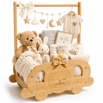 Baby Shower Basket, Wooden Baby Shower Crate with Handle, Pumpkin Carriage Gift Basket for Baby Shower Centerpiece