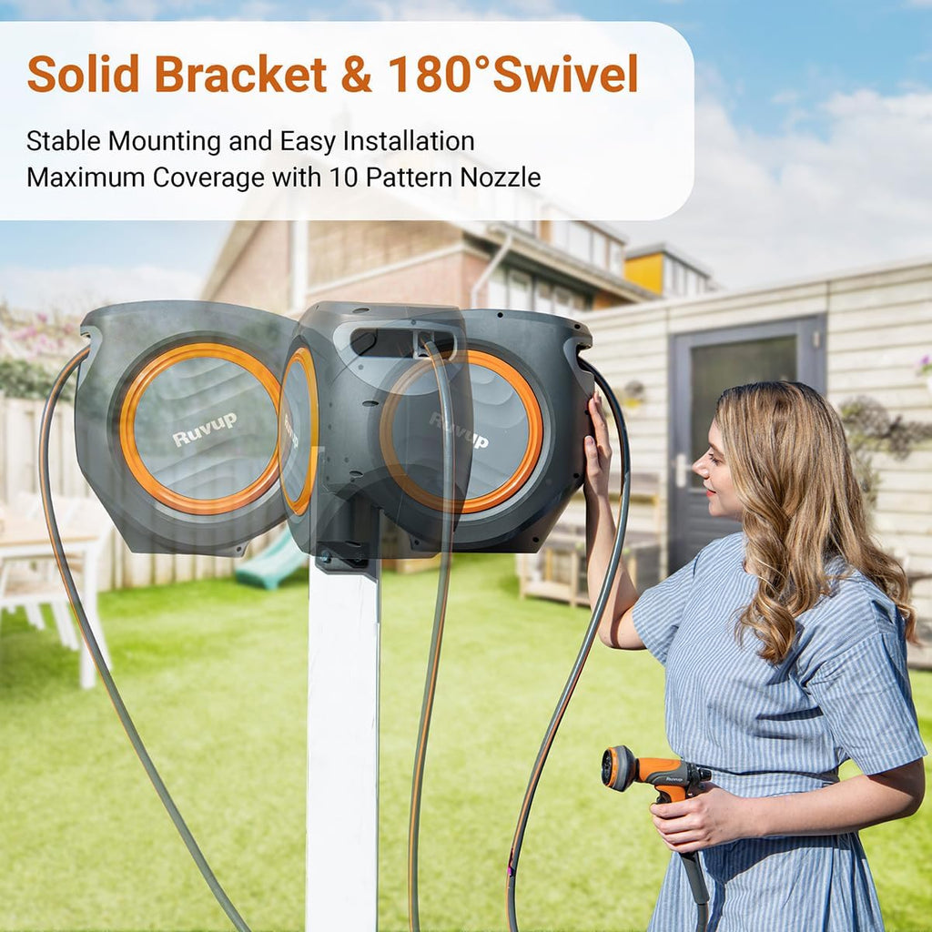 Garden Hose Reel 1/2"x150ft Retractable Water Hose With Metal Bracket | Automatic Rewind, Slow Auto Retraction, Wall