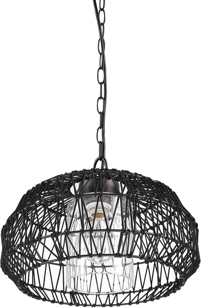 1-Light Outdoor/Indoor Plug-in Pendant Light, Black Woven Fabric Shade, Matte Black Finish, 20-Foot Designer Cord