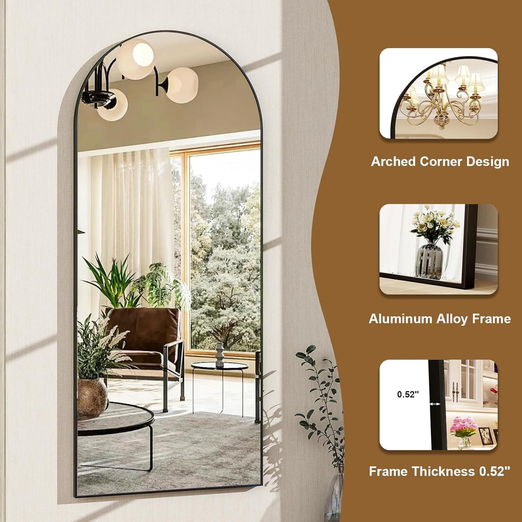 56"x21"Full Length Mirror Arch Floor Mirrors with Aluminum Alloy Frame Free-Standing Wall Mounted or Leaning Large