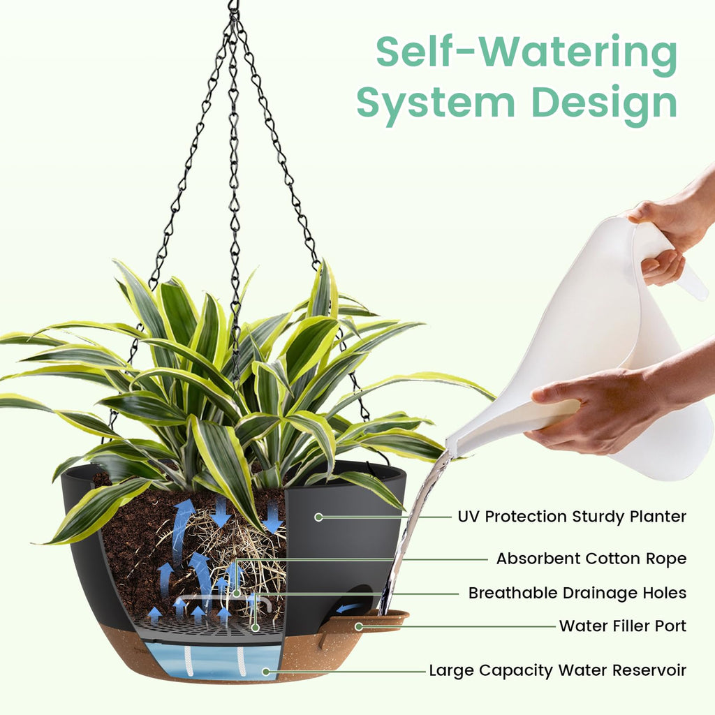 4 Pack 8 Inch Self Watering Hanging Planters for Indoor Outdoor Plants, Hanging Pots for Plants with Drainage