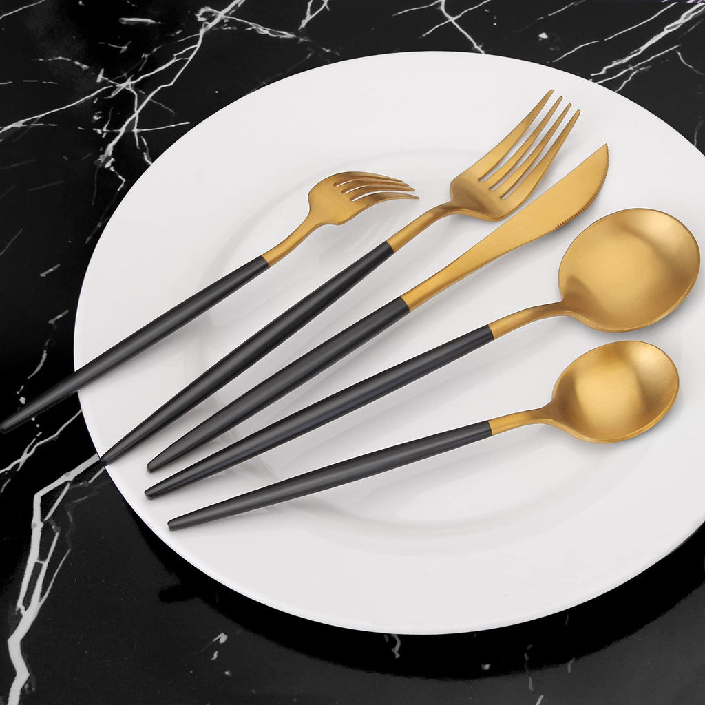 Matte Gold Silverware Set with black handle, 20 Piece Stainless Steel Cutlery Flatware Set, Kitchen Utensil Sets for