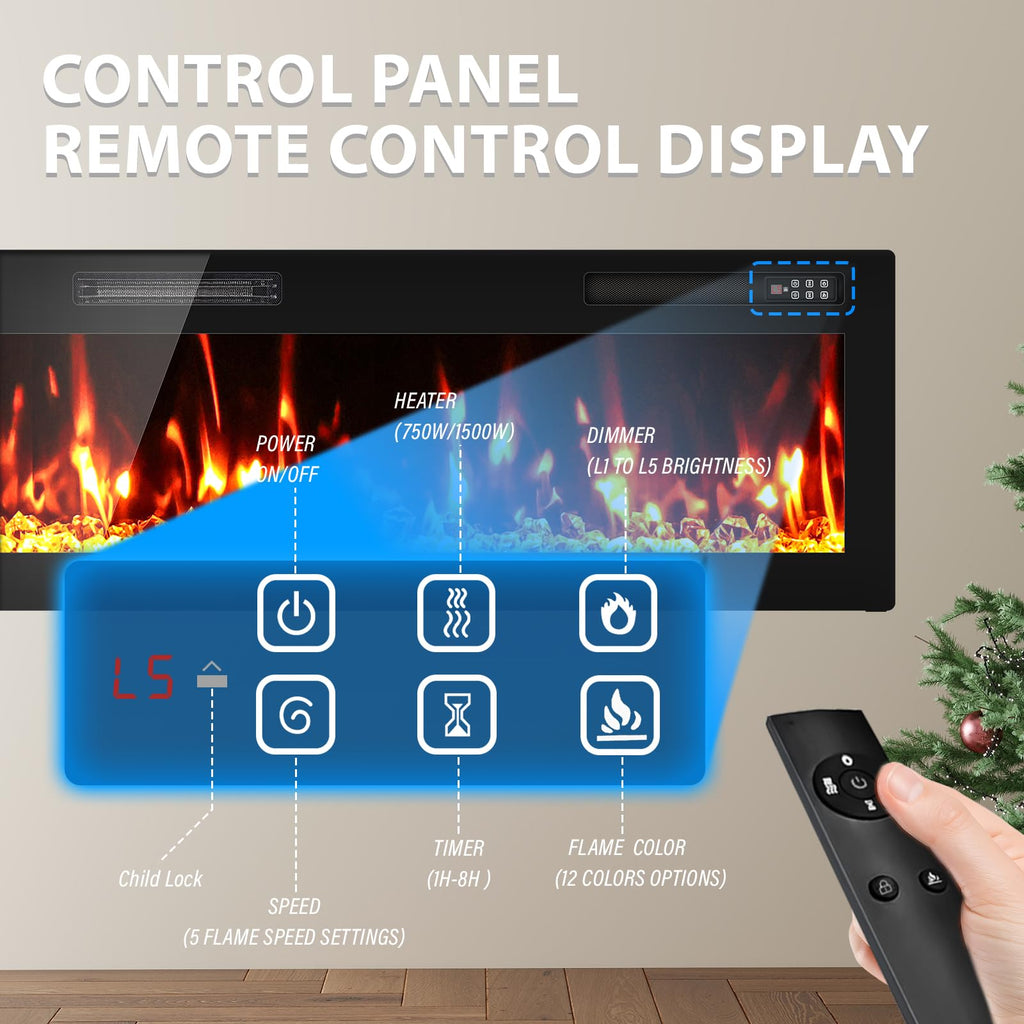 60" Electric Fireplace Recessed Wall Mounted, Ultra Thin Linear Fireplace Inserts, 12 Flame Colors, Timer, Remote &