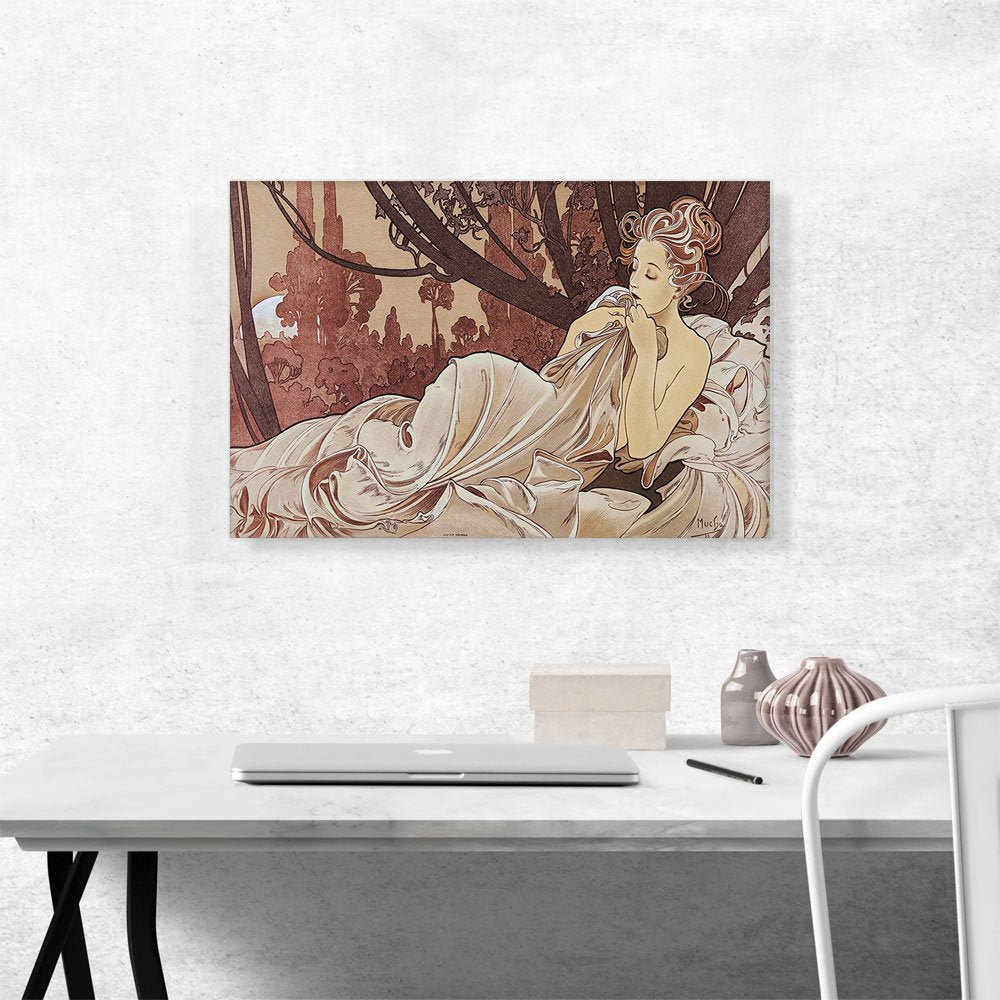 Dusk 1899 Canvas Art Print Stretched Framed Painting Picture Poster Giclee Wall Decor by Alphonse Mucha - 26" x 18"