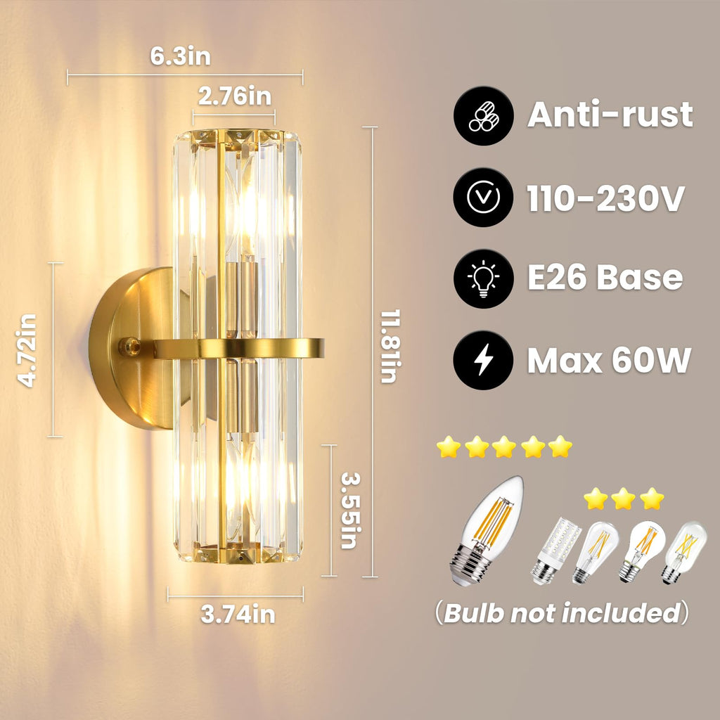 Gold Crystal Wall Sconces 11.8-Inch Modern Luxury Bathroom Sconces Light